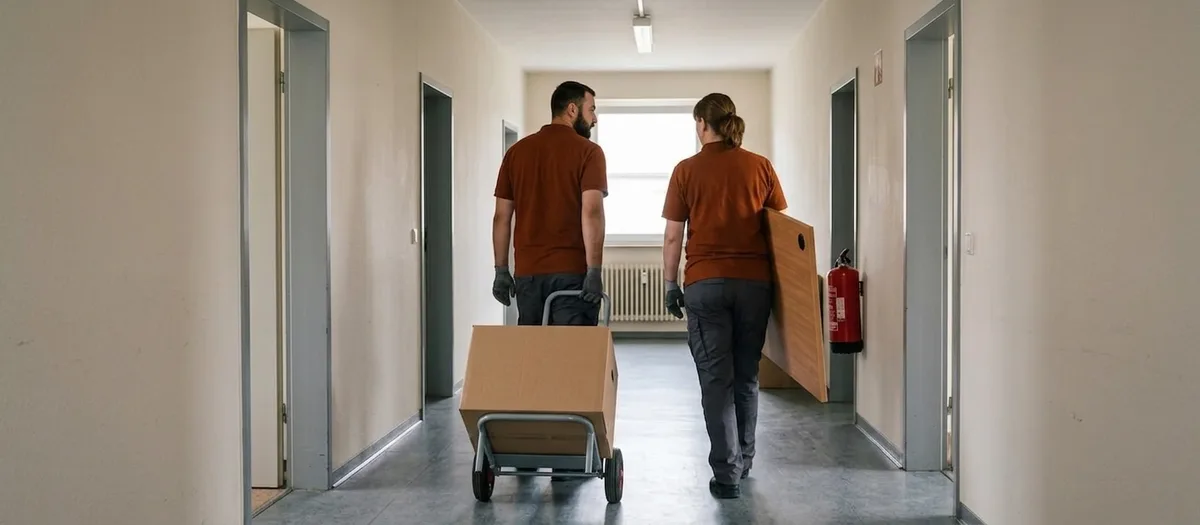 Umzugskräfte rollen nummerierte Rollcontainer und einen zerlegten Schreibtisch durch den Flur eines kleinen Bürogebäudes