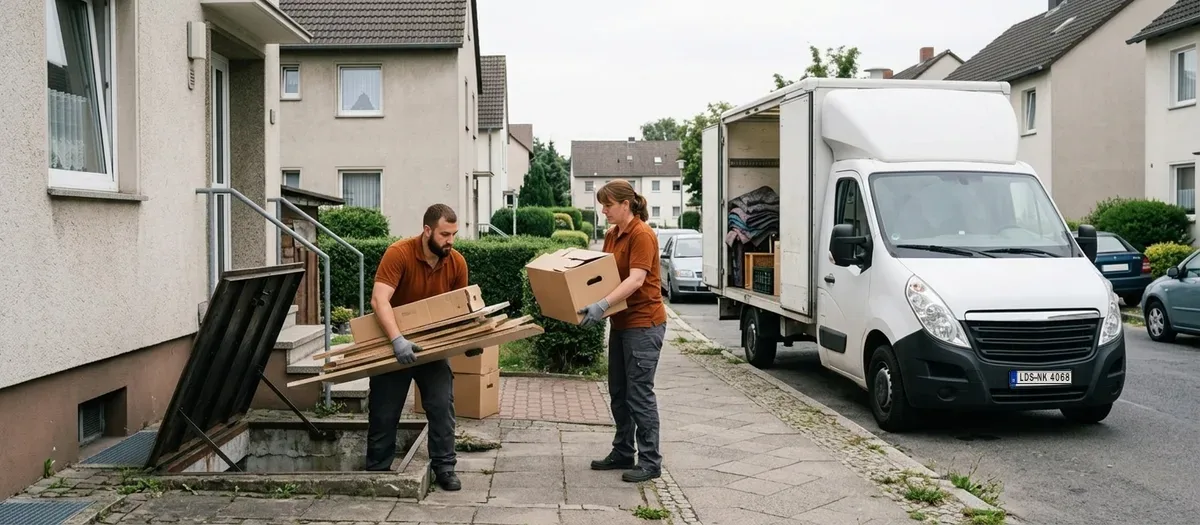Zwei Männer in Arbeitskleidung tragen ausrangierte Regalbretter und Kartons aus einer Kellertreppe heraus zum offenen Kastenwagen in der Hofeinfahrt