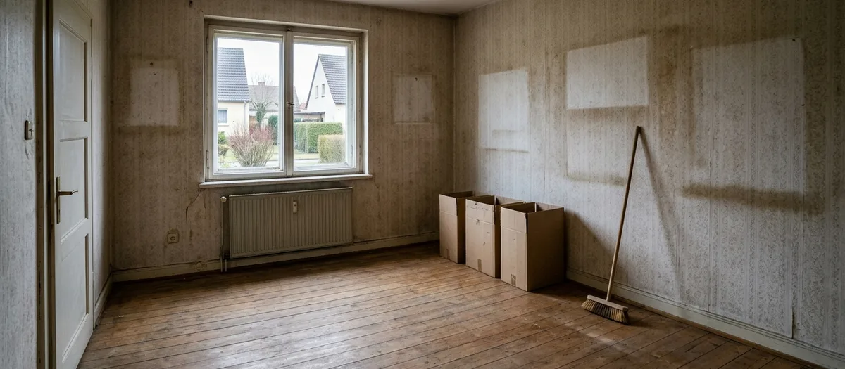 Leergeräumtes Wohnzimmer eines älteren Siedlungshauses mit Sprossenfenster, gekehrtem Dielenboden und drei beschrifteten Kartons an der Wand