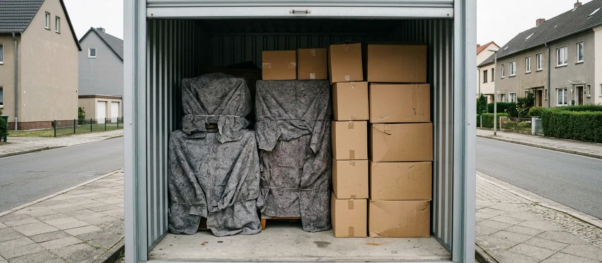 In Decken verpackte Möbel und beschriftete Umzugskartons stehen gestapelt in einer verschlossenen Lagerbox