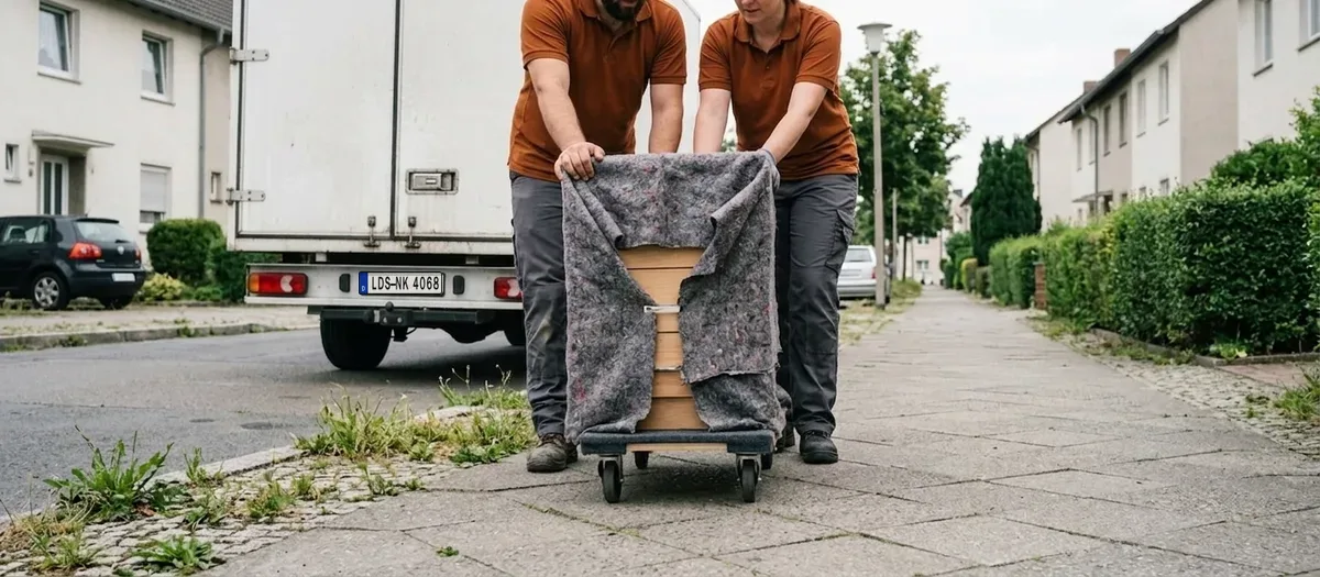 Zwei Träger schieben eine in Decken gewickelte Kommode auf einem Rollbrett über einen Gartenweg zum wartenden Transporter
