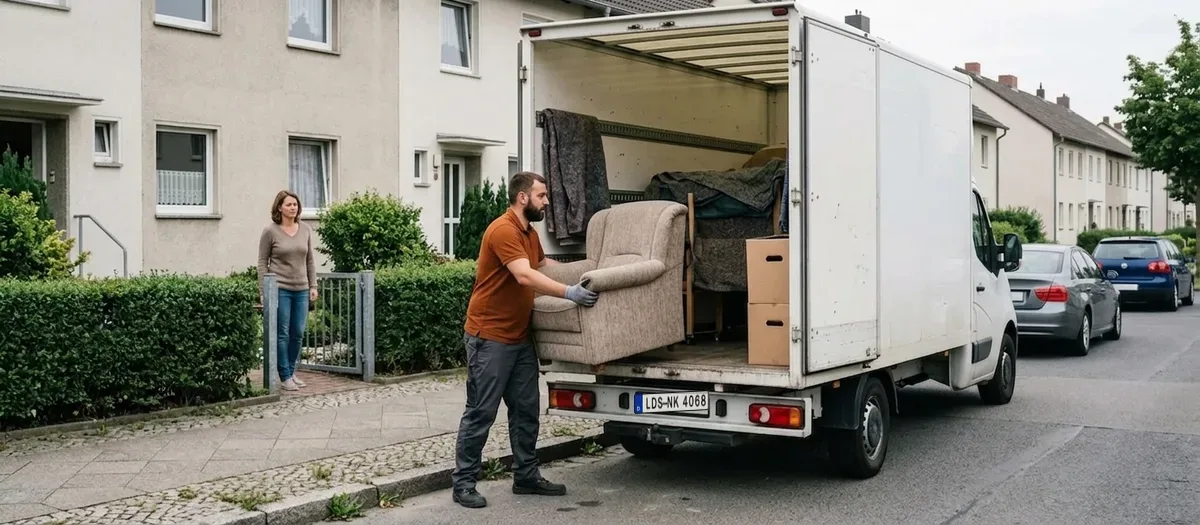 Umzugshelfer hebt einen Sessel vom Gehweg in den Laderaum eines weißen Kastenwagens