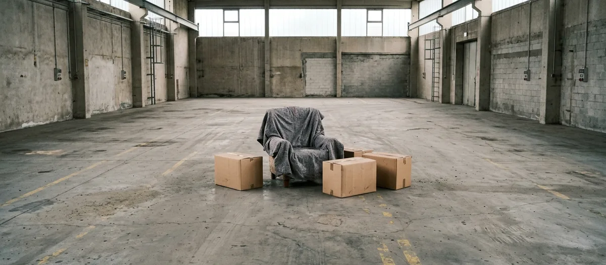 Ein in Decken verpackter Sessel und drei beschriftete Kartons stehen allein in einer leeren Lagerhalle