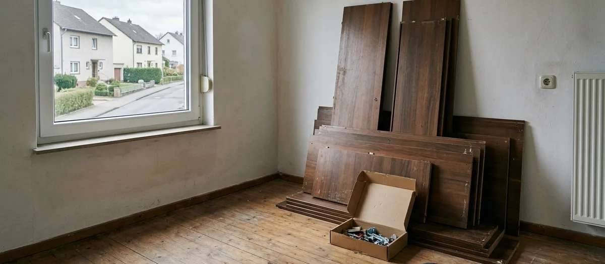Zerlegter Kleiderschrank mit sortierten Seitenteilen und einer Schachtel Beschläge in einem leeren Zimmer