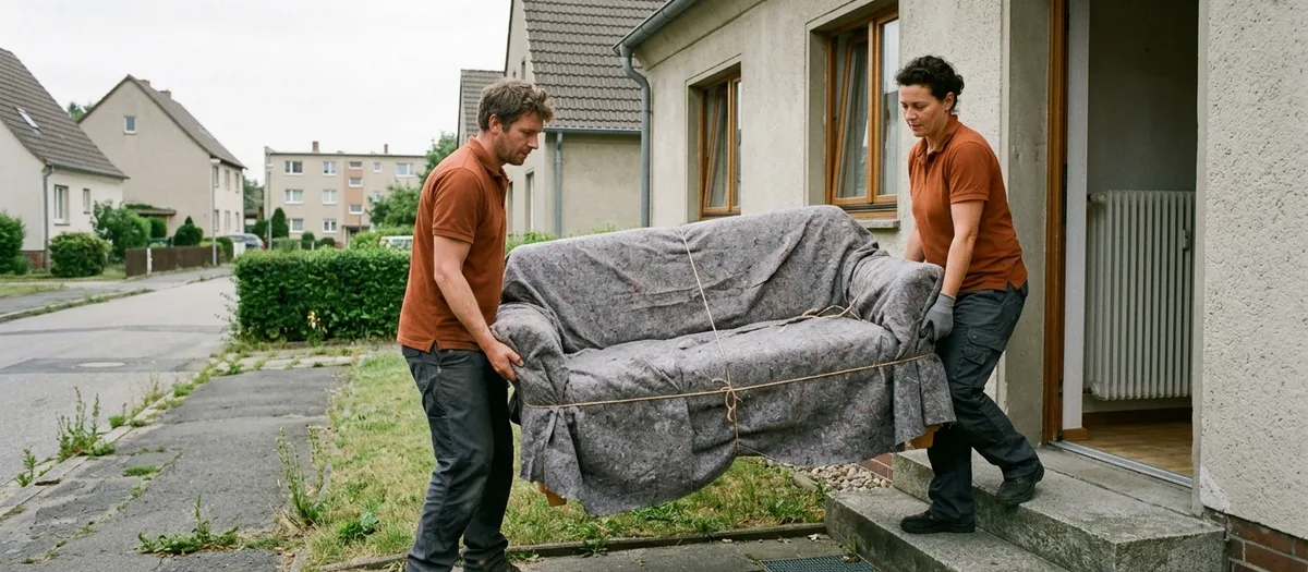 Zwei Umzugshelfer tragen ein in Decken verpacktes Sofa aus der Haustür eines Siedlungshauses