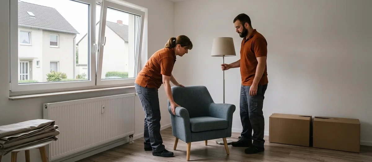 Umzugskraft stellt einen Sessel und eine Stehlampe in einer hellen, frisch bezogenen Erdgeschosswohnung auf
