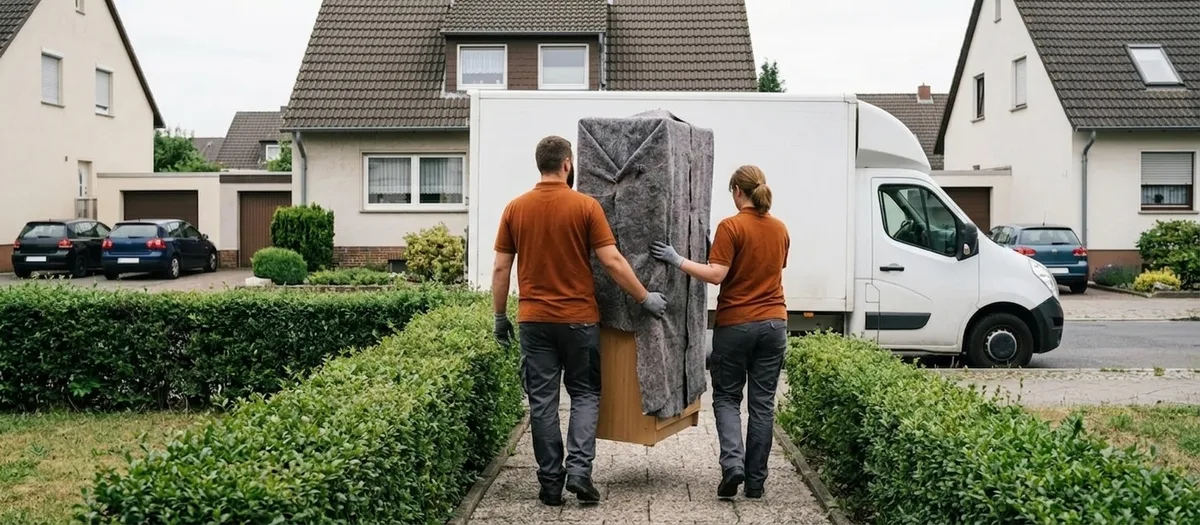 Zwei Umzugshelfer tragen einen zerlegten Kleiderschrank aus einem Hauseingang zu einem offenen Transporter am Straßenrand