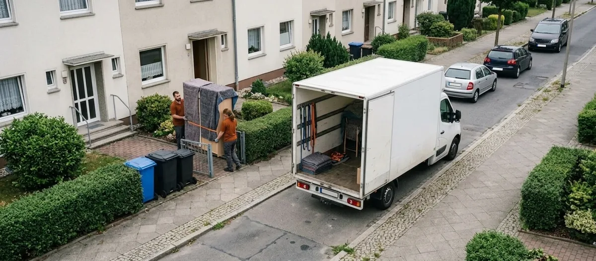 Zwei Umzugshelfer tragen einen abgedeckten Schrank über einen kurzen Vorgartenweg zum offenen Umzugswagen vor einem Einfamilienhaus