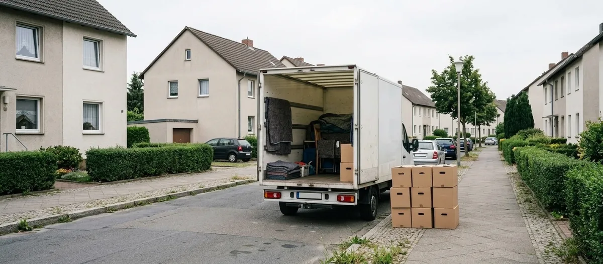 Ein Transporter mit offenen Hecktüren steht vor einem Einfamilienhaus, daneben stapeln sich beschriftete Umzugskartons auf dem Gehweg