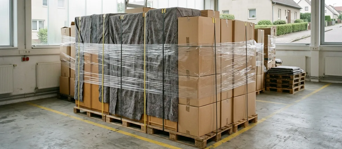 In Möbeldecken verpackte Schränke und beschriftete Kartons stehen als geschlossene Einheit in einer hellen Lagerhalle
