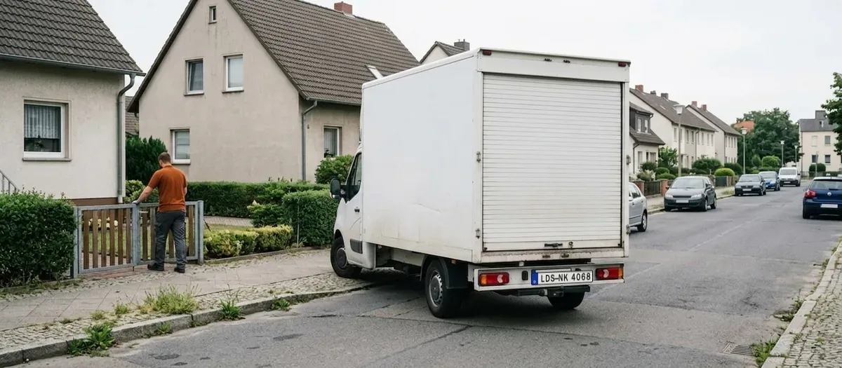 Beladener Umzugswagen mit unter Decken gesicherten Möbeln fährt am Morgen von einem Einfamilienhaus Richtung Stadt los