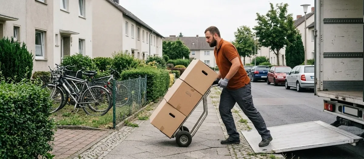 Umzugshelfer schiebt eine Sackkarre mit gestapelten Kartons über den Gehweg zur geöffneten Ladebordwand des Umzugswagens