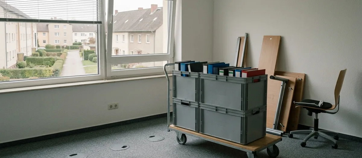 Nummerierte Umzugskisten mit Aktenordnern stehen auf einem Rollwagen in einem geräumten Büro, im Hintergrund ein zerlegter Schreibtisch