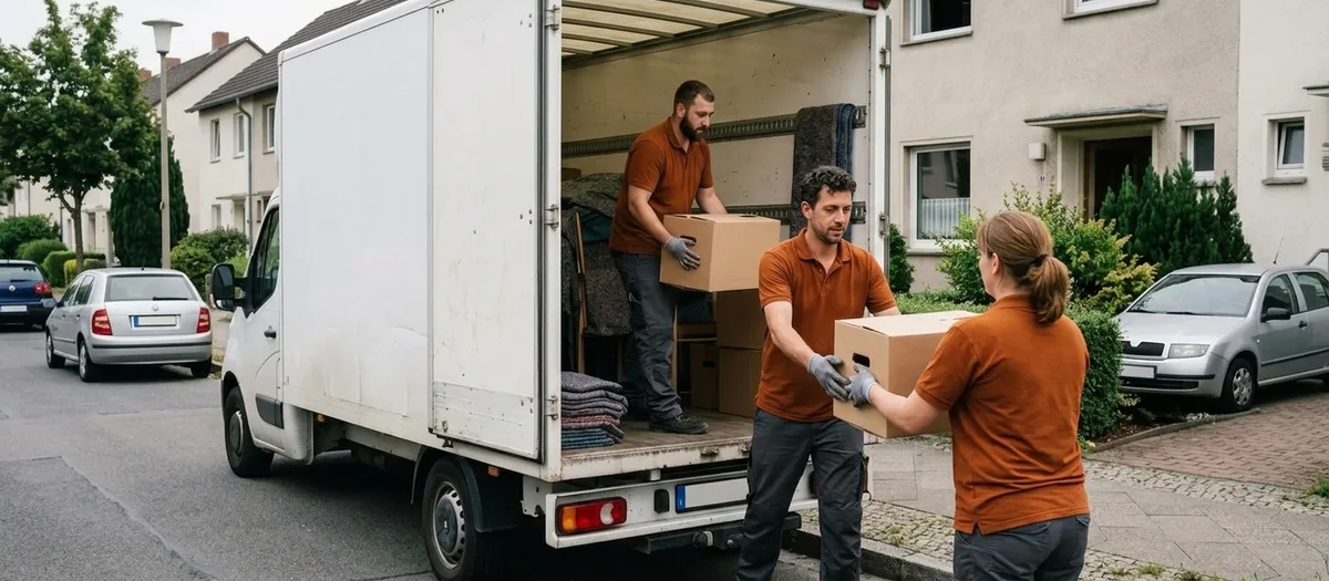 Drei Umzugshelfer reichen beschriftete Kartons über eine Ladebordwand in einen Umzugswagen vor einem Einfamilienhaus